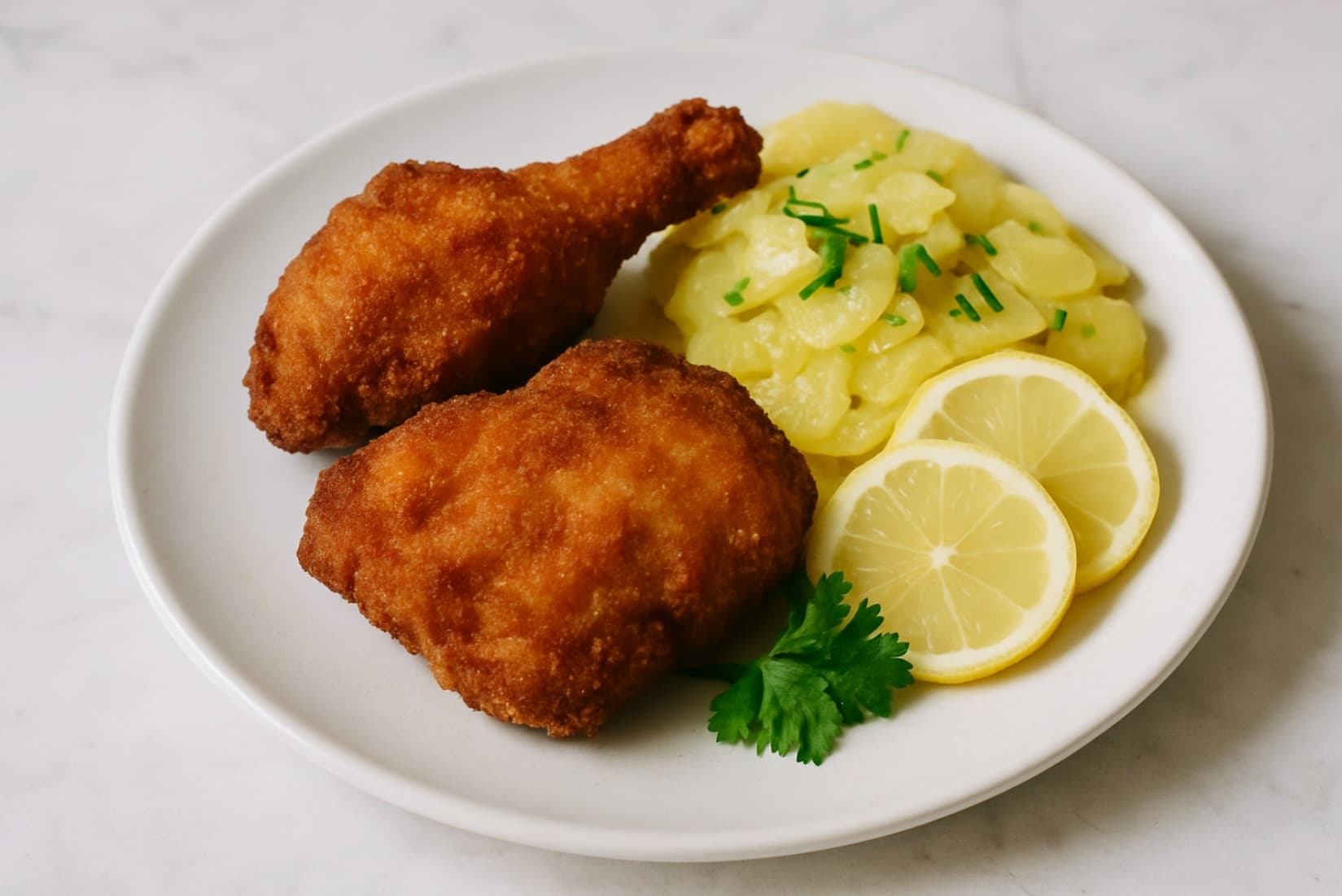 Steirisches Backhendl mit Kartoffelsalat und gerösteten Kürbiskernen