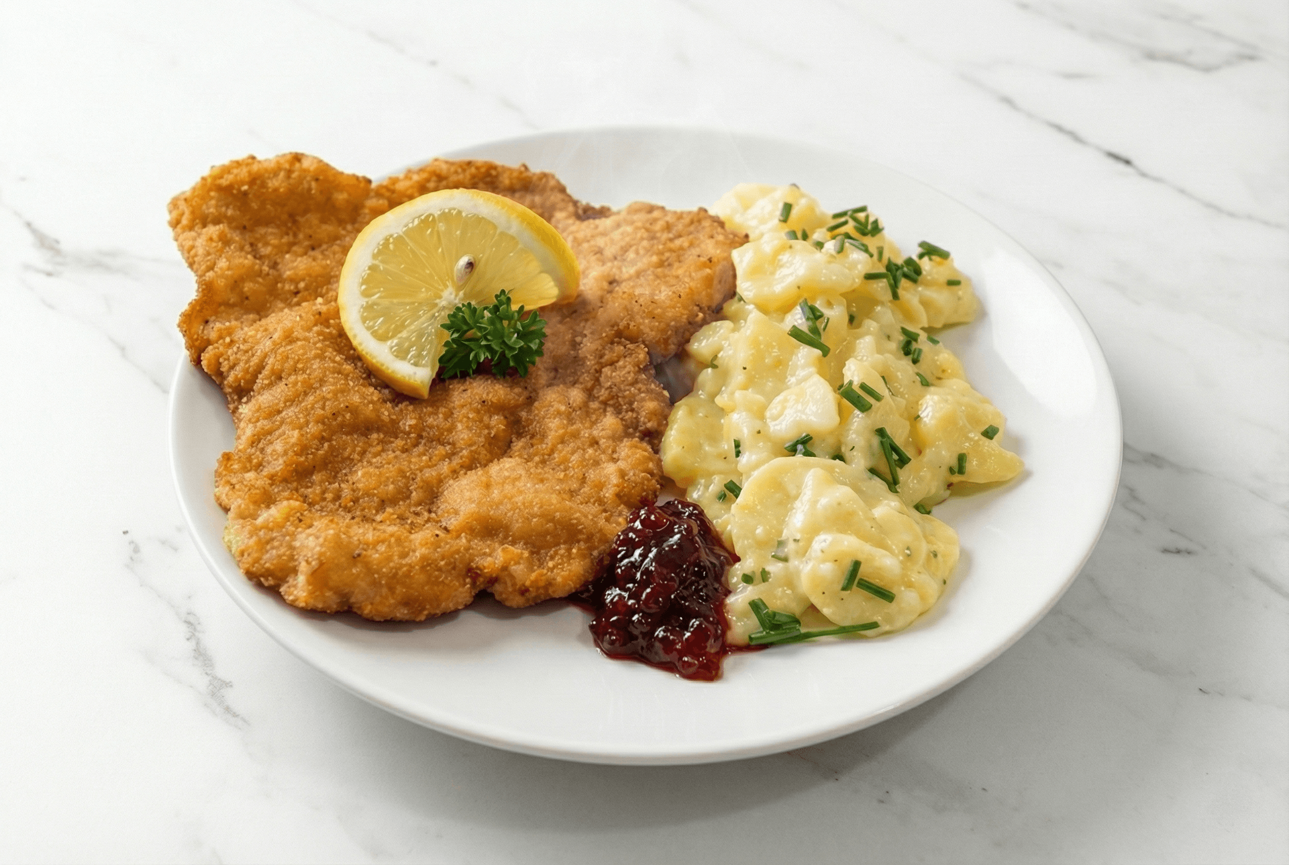 Schnitzel "Wiener Art" (Schwein) mit Kartoffelsalat, Preiselbeeren, Zitrone