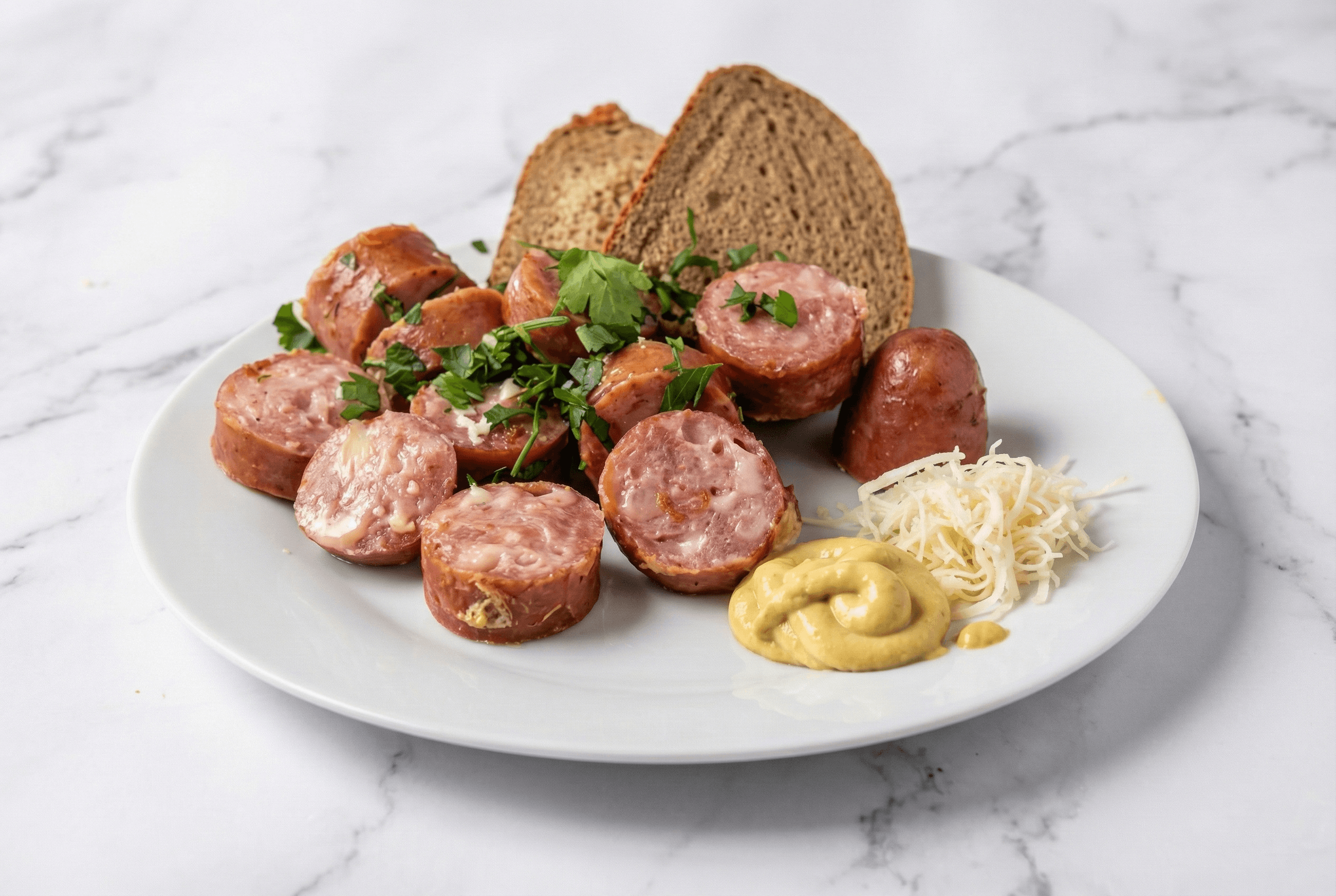 Käsekrainer mit Senf, Kren, Brot oder mit Sauerkraut