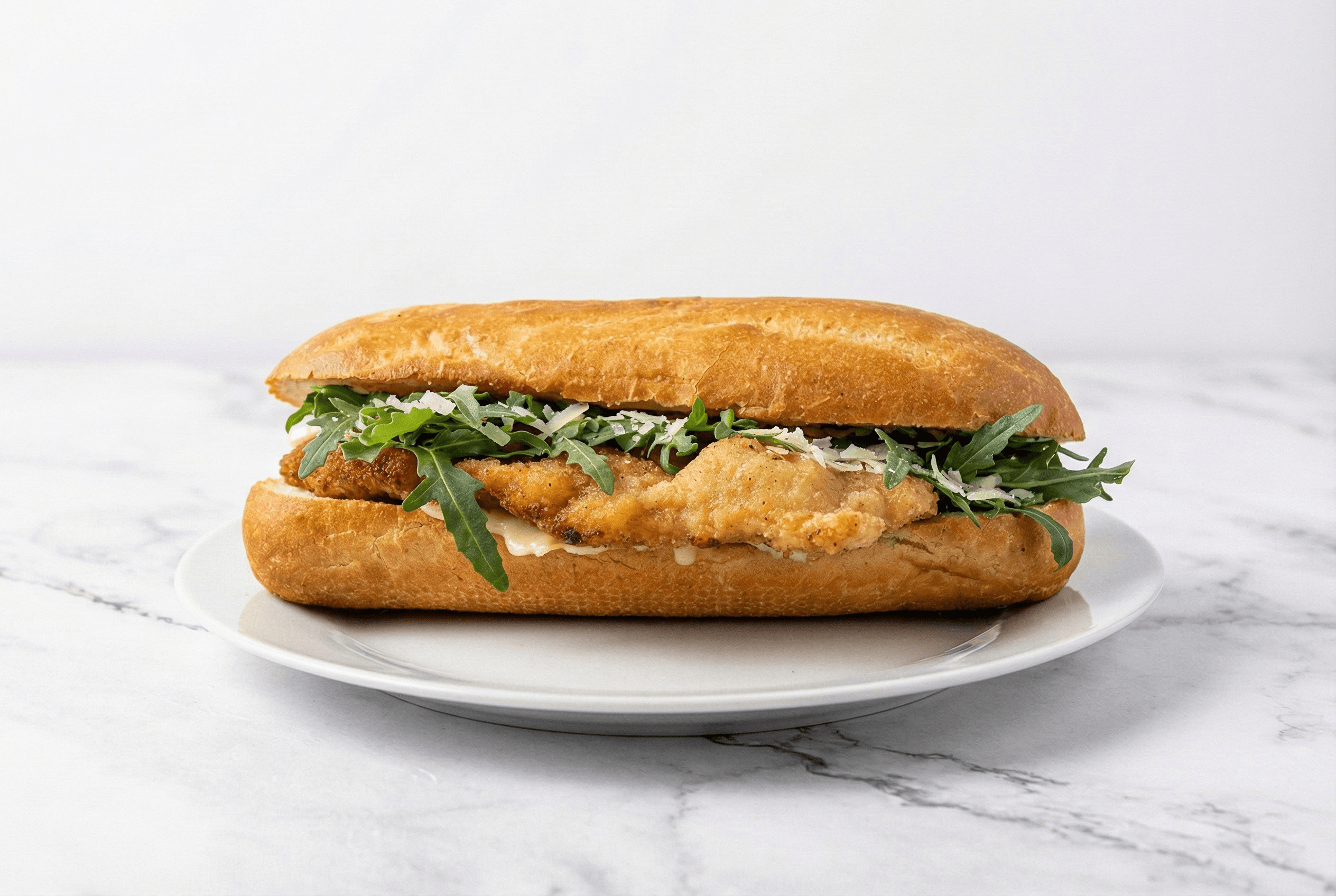 Schnitzel Burger mit Rucola, Parmesan, Zitronenmayo, Schnitzel vom Schwein