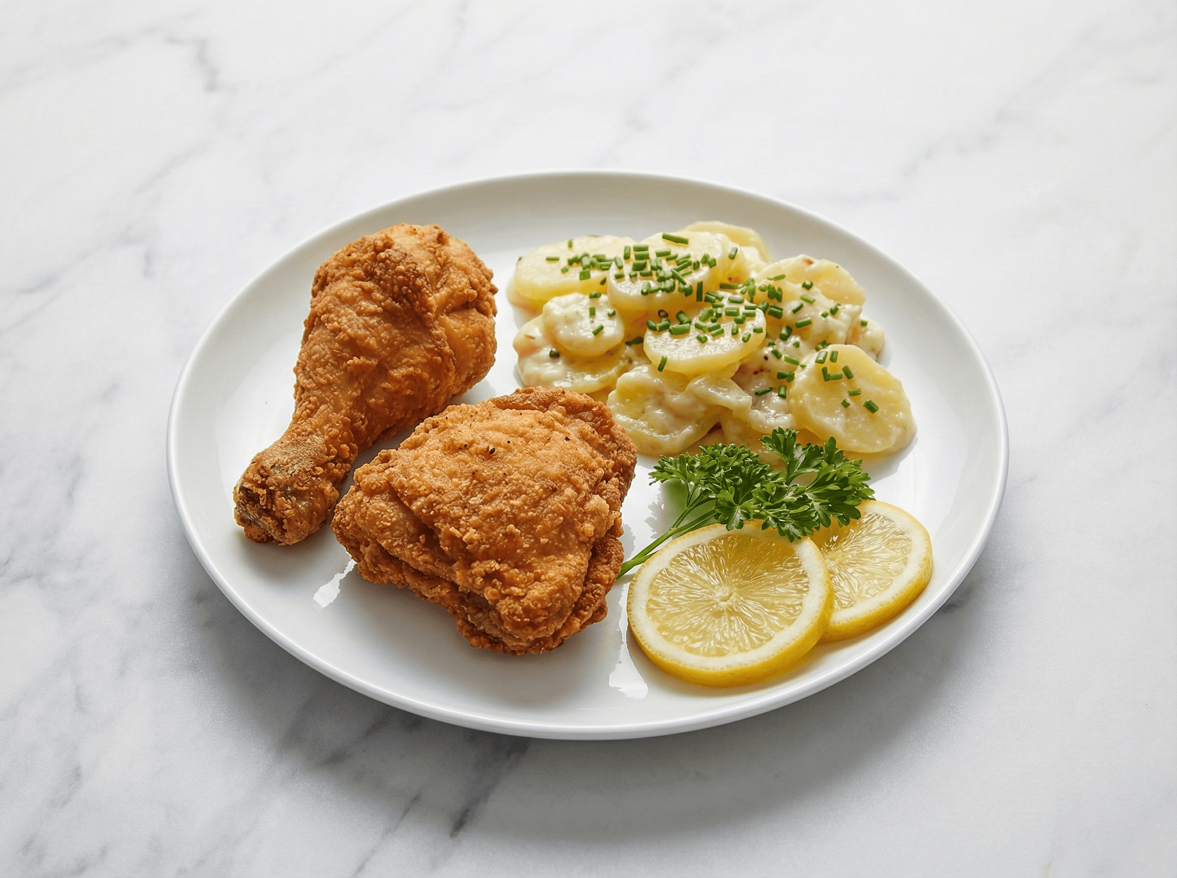 Steirisches Backhendl mit Kartoffelsalat und gerösteten Kürbiskernen