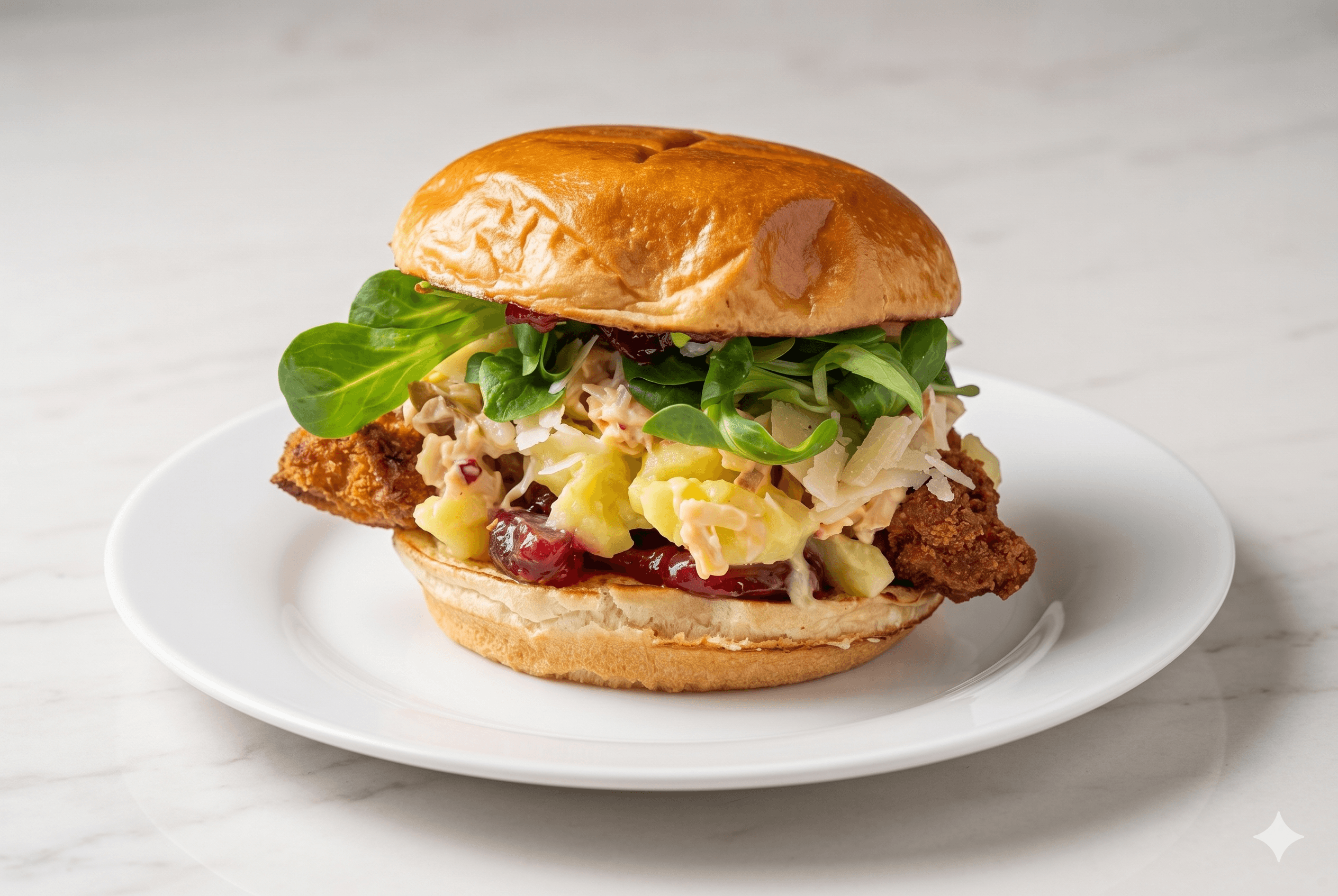 Backhendl Burger Coleslaw, Kartoffel-Vogelsalat, Preiselbeersenf, Backhendl